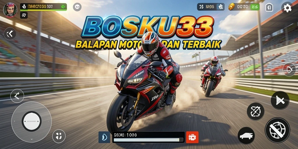 Screenshot utama BOSKU33 menampilkan aksi balapan motor yang seru.