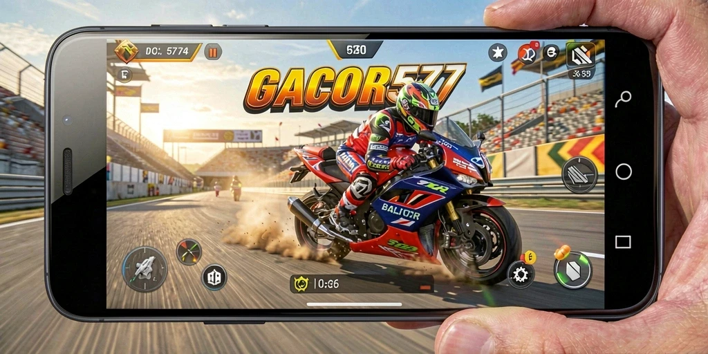 Tampilan gameplay seru GACOR577 dengan balapan motor yang mendebarkan.