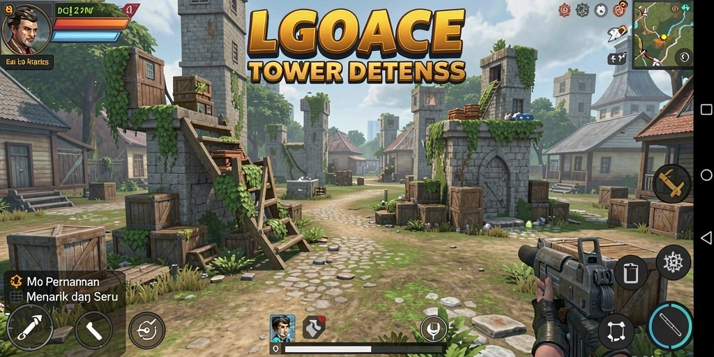 Tangkapan layar gameplay dari LGOACE menunjukkan menara bertahan melawan gelombang musuh.