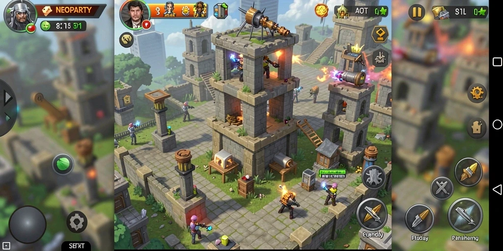 Screenshot gameplay NEOPARTY menunjukkan menara yang berfungsi melawan gelombang musuh.