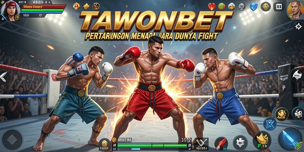 Screenshot TAWONBET menampilkan karakter bertarung dengan intens di arena pertarungan yang menawan.