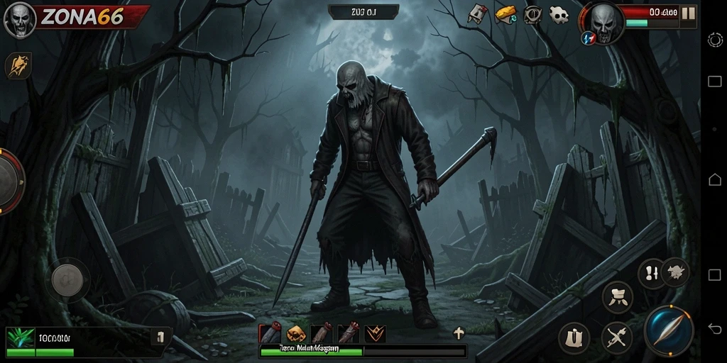 Tampilan gameplay ZONA66 dengan suasana mencekam dan hantu yang mengintai.
